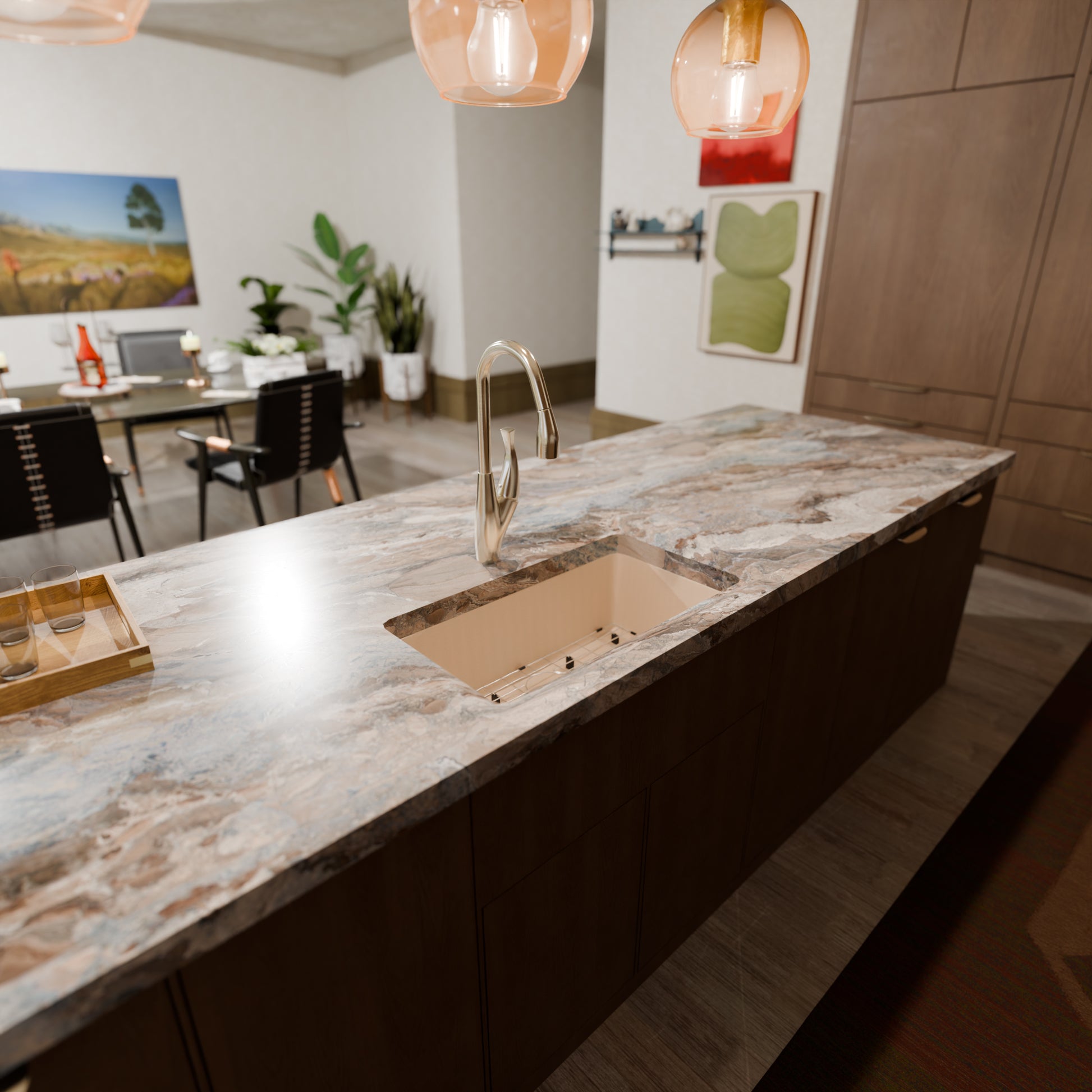 Novatto StoneCore 30-inch single bowl kitchen sink in sandstone with included accessories and faucet in the image.