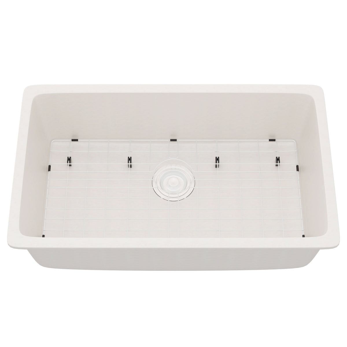 Novatto StoneCore 30-inch single bowl kitchen sink in sandstone with grate and drain visible in the image.