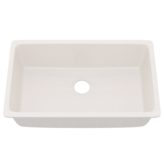 Novatto StoneCore 30-inch single bowl kitchen sink in sandstone with smooth matte finish, showcasing the durable design and spacious basin.