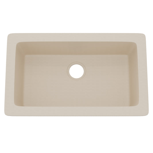 Novatto StoneCore 30-inch single bowl kitchen sink in sandstone with a smooth, durable finish, ideal for modern kitchen remodeling.