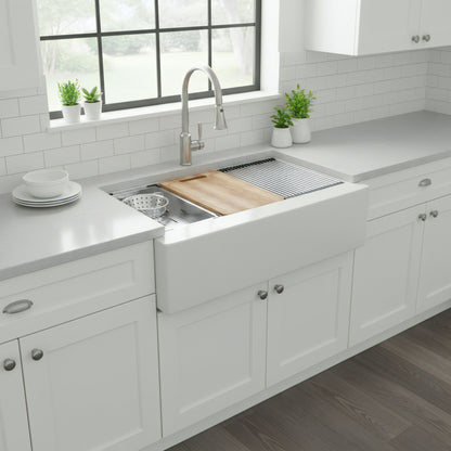 StoneCore Single Bowl Farmhouse Kitchen Sink Kit in Alpine White - NKS-SC33SBFARM-ALPWHT
