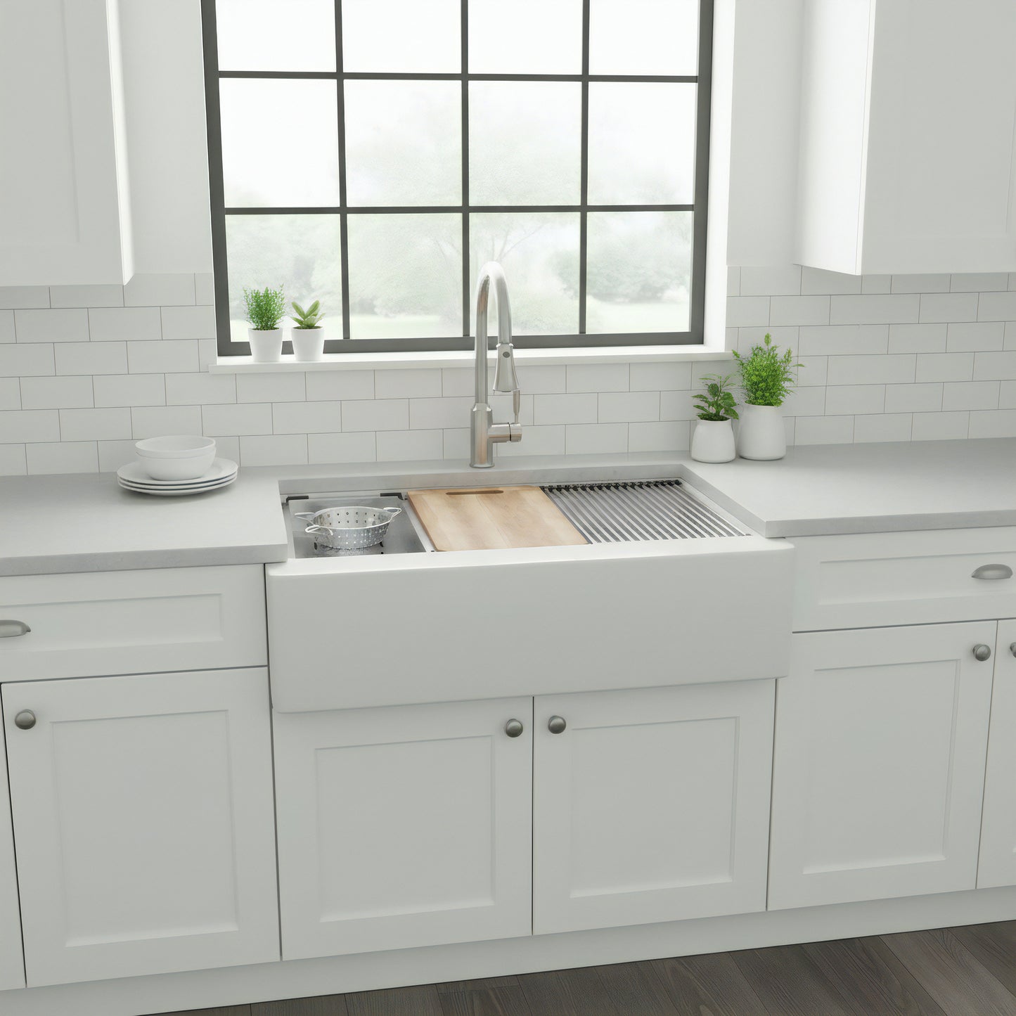 StoneCore Single Bowl Farmhouse Kitchen Sink Kit in Alpine White - NKS-SC33SBFARM-ALPWHT