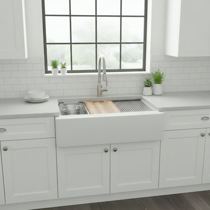 StoneCore Single Bowl Farmhouse Kitchen Sink Kit in Alpine White - NKS-SC33SBFARM-ALPWHT