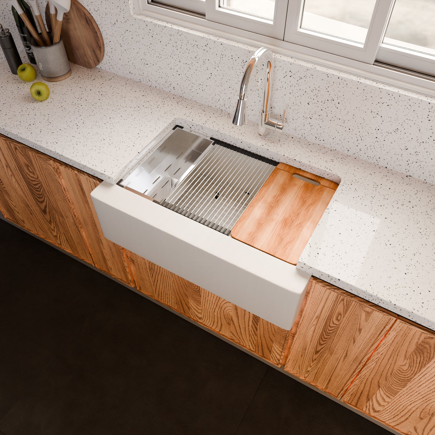 StoneCore Single Bowl Farmhouse Kitchen Sink Kit in Alpine White - NKS-SC33SBFARM-ALPWHT