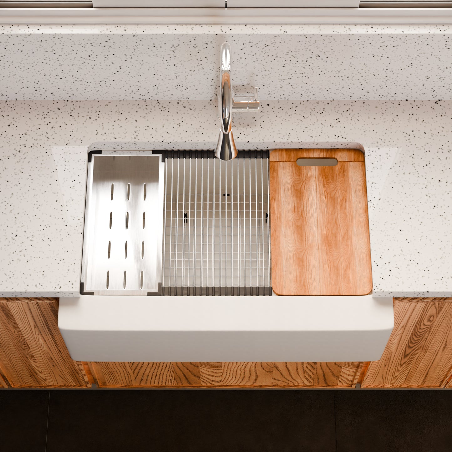 StoneCore Single Bowl Farmhouse Kitchen Sink Kit in Alpine White - NKS-SC33SBFARM-ALPWHT