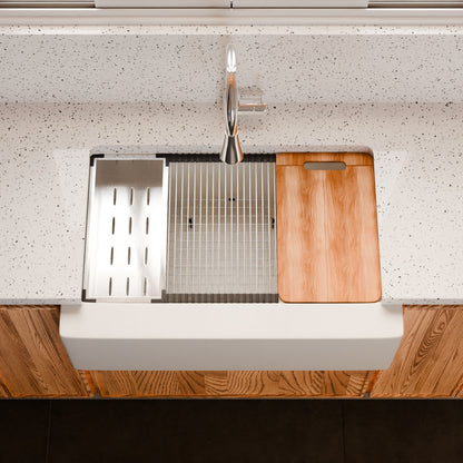 StoneCore Single Bowl Farmhouse Kitchen Sink Kit in Alpine White - NKS-SC33SBFARM-ALPWHT