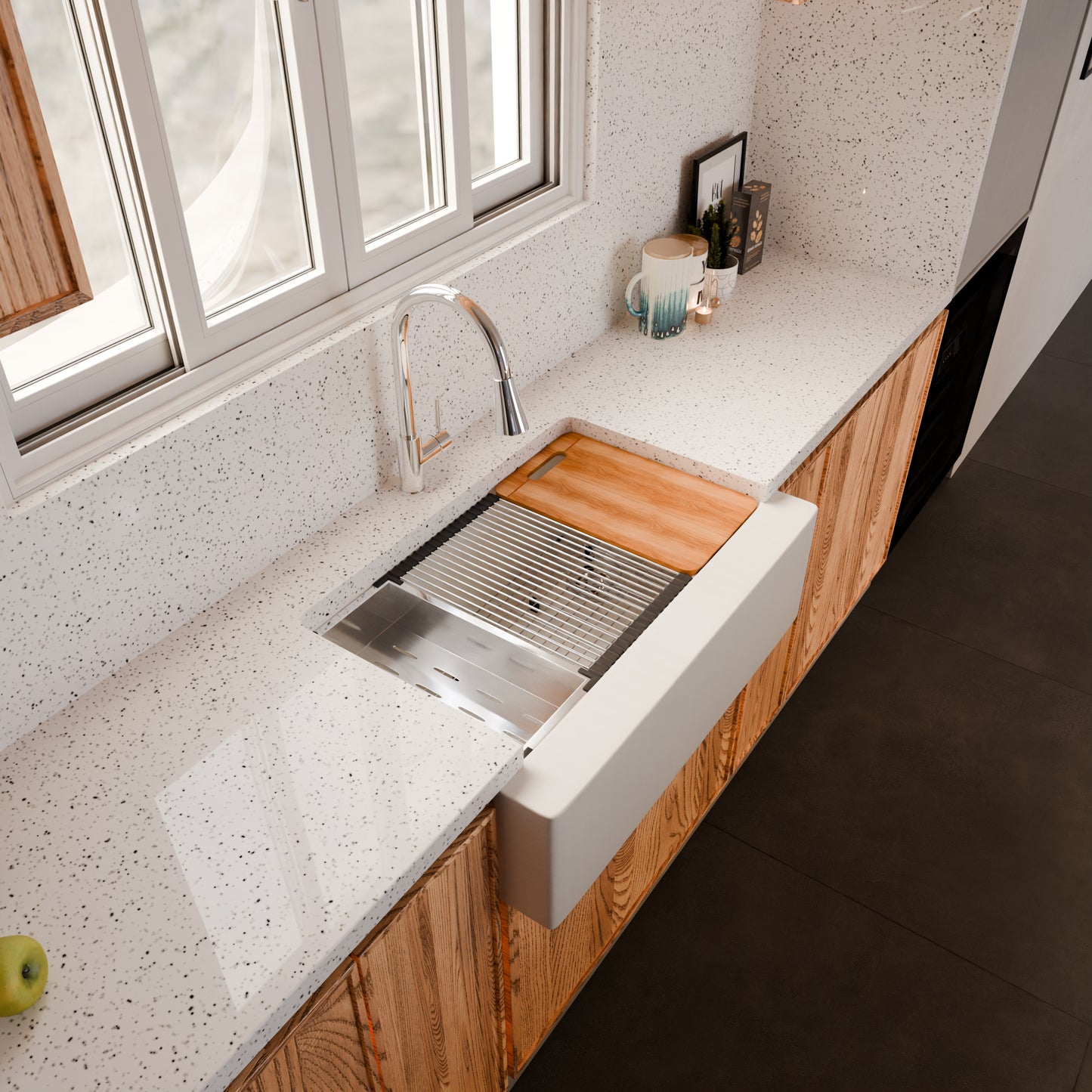 StoneCore Single Bowl Farmhouse Kitchen Sink Kit in Alpine White - NKS-SC33SBFARM-ALPWHT