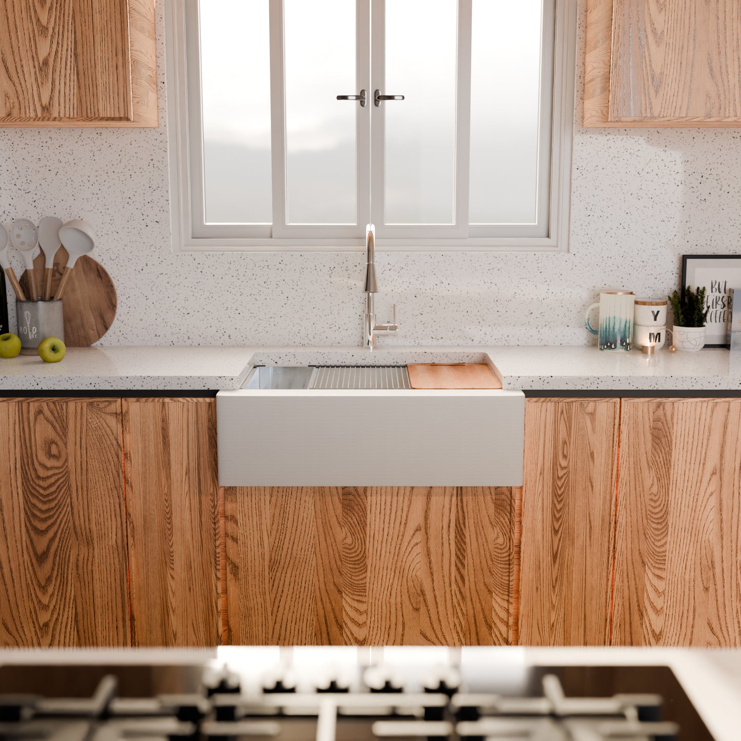 StoneCore Single Bowl Farmhouse Kitchen Sink Kit in Alpine White - NKS-SC33SBFARM-ALPWHT