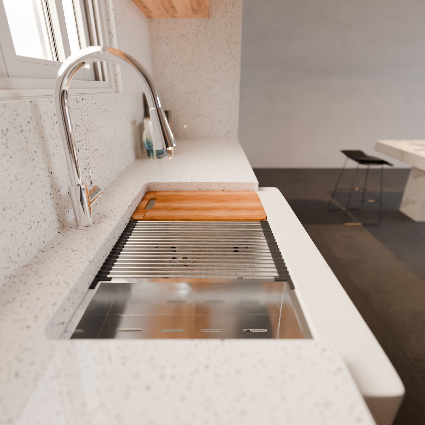 StoneCore Single Bowl Farmhouse Kitchen Sink Kit in Alpine White - NKS-SC33SBFARM-ALPWHT
