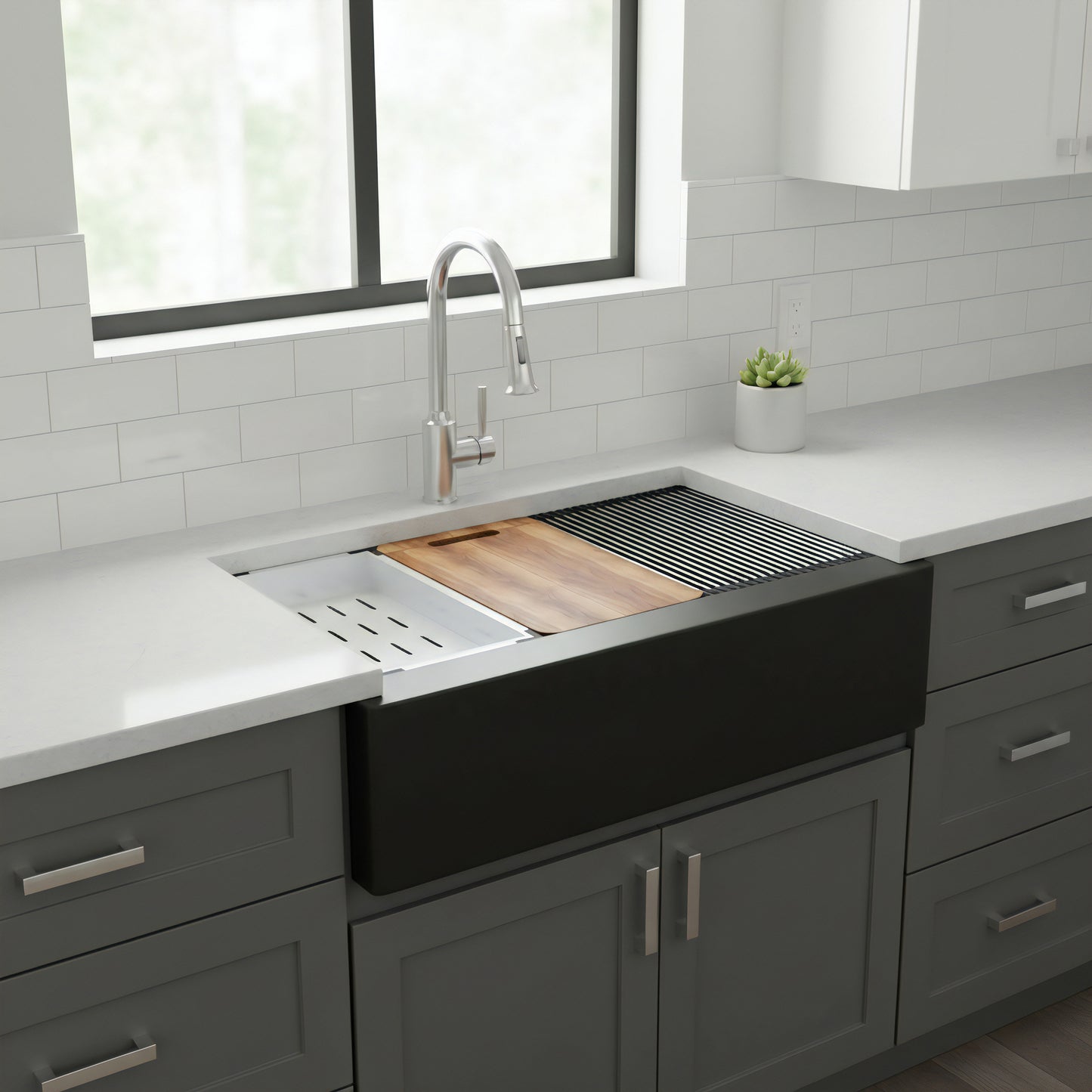 StoneCore Single Bowl Farmhouse Kitchen Sink Kit in Black - NKS-SC33SBFARM-BLCK