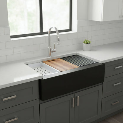 StoneCore Single Bowl Farmhouse Kitchen Sink Kit in Black - NKS-SC33SBFARM-BLCK