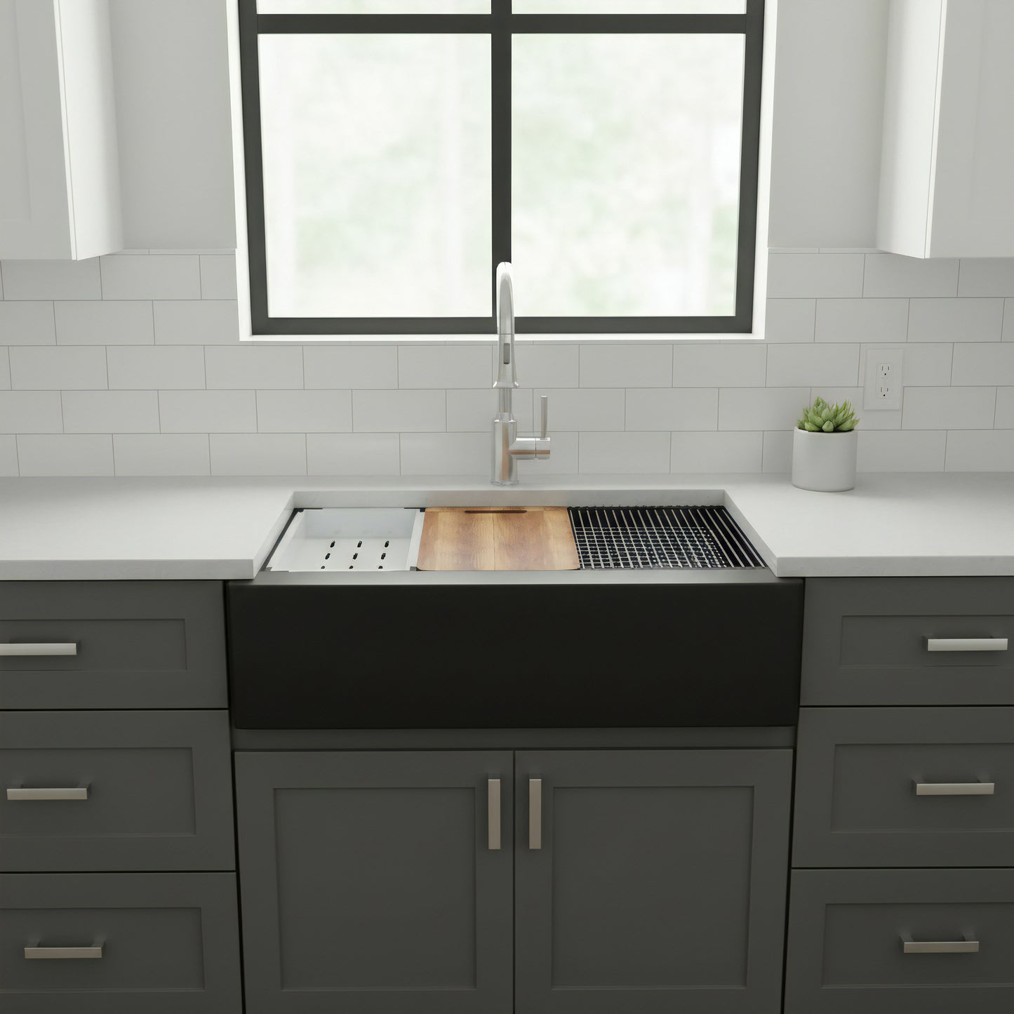StoneCore Single Bowl Farmhouse Kitchen Sink Kit in Black - NKS-SC33SBFARM-BLCK