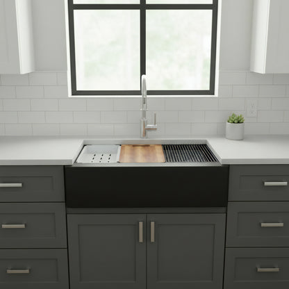 StoneCore Single Bowl Farmhouse Kitchen Sink Kit in Black - NKS-SC33SBFARM-BLCK
