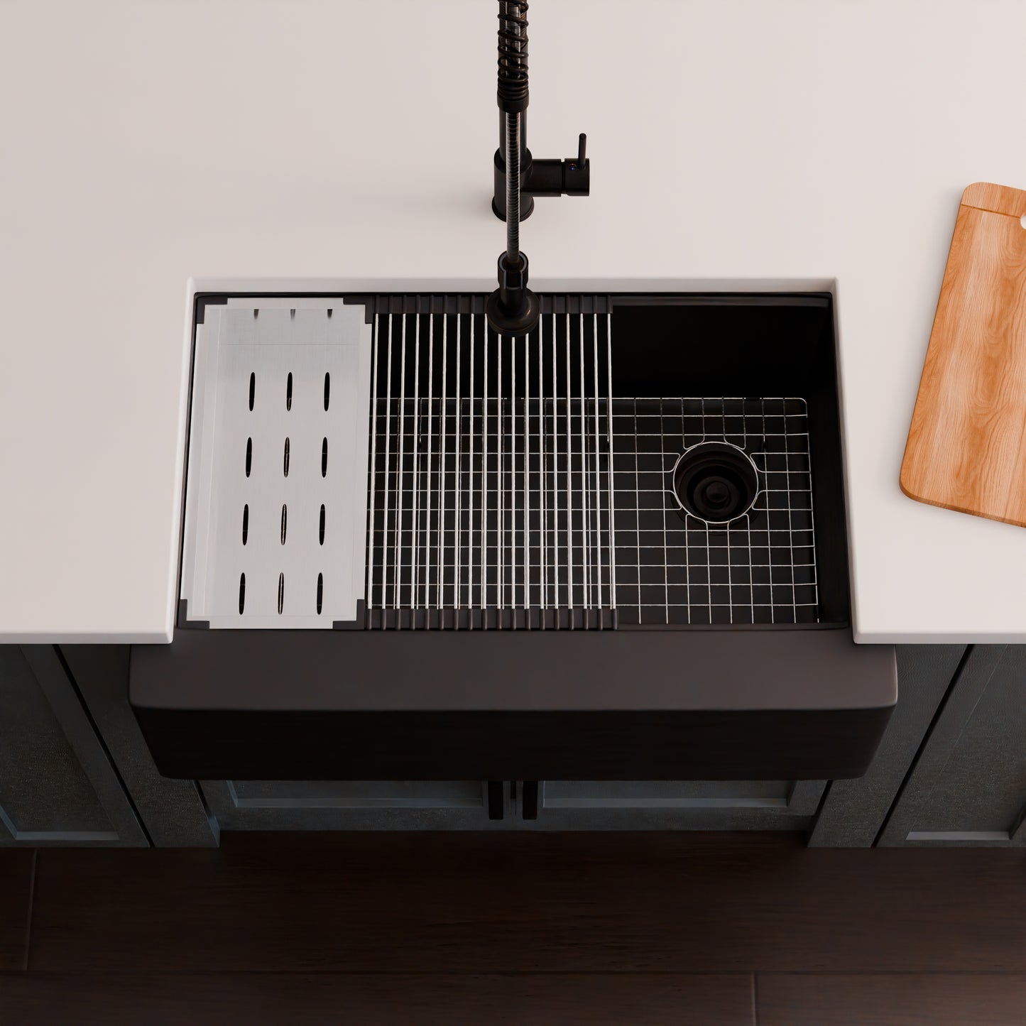 StoneCore Single Bowl Farmhouse Kitchen Sink Kit in Black - NKS-SC33SBFARM-BLCK