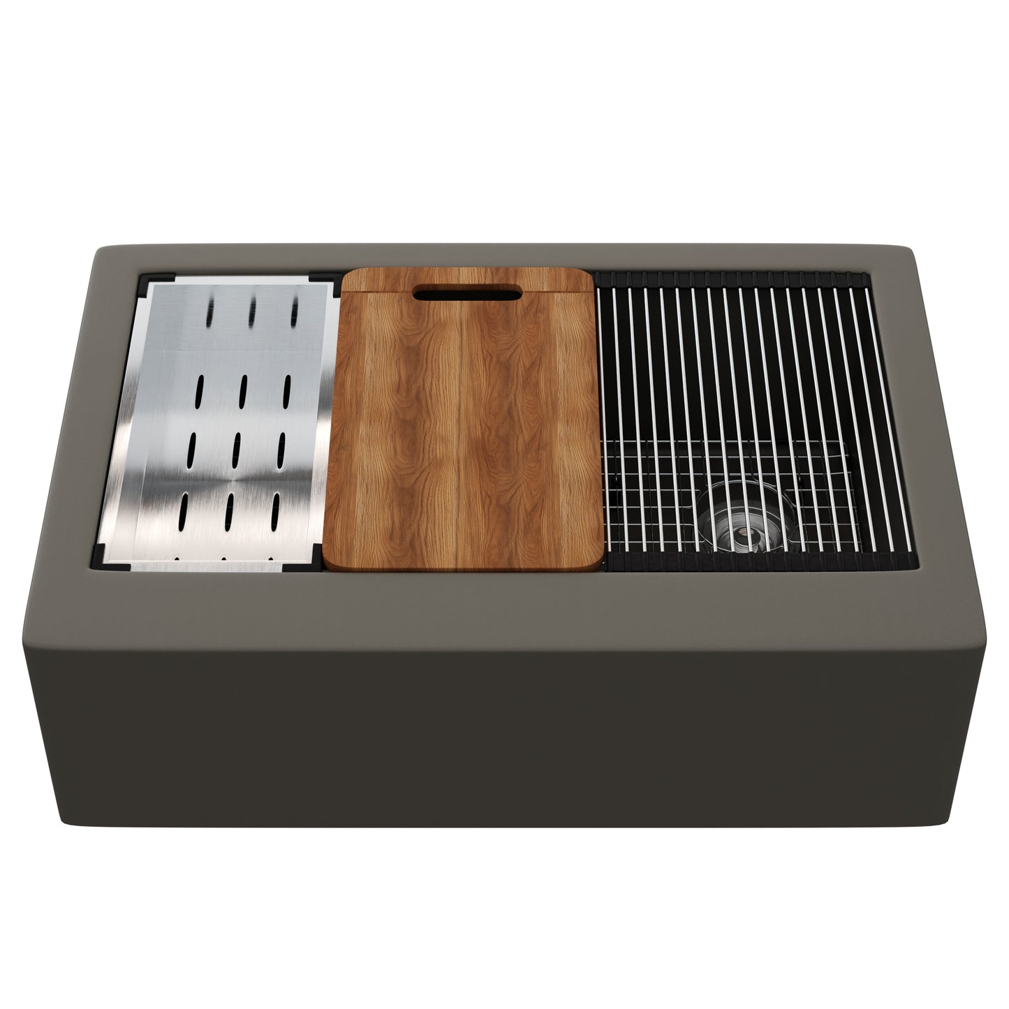 StoneCore Single Bowl Farmhouse Kitchen Sink Kit in Granite Ash - NKS-SC33SBFARM-GRASH