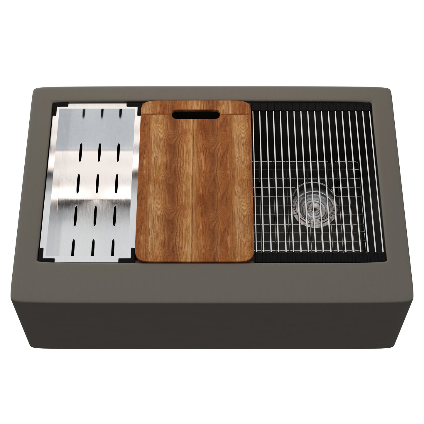 StoneCore Single Bowl Farmhouse Kitchen Sink Kit in Granite Ash - NKS-SC33SBFARM-GRASH
