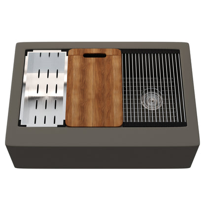 StoneCore Single Bowl Farmhouse Kitchen Sink Kit in Granite Ash - NKS-SC33SBFARM-GRASH