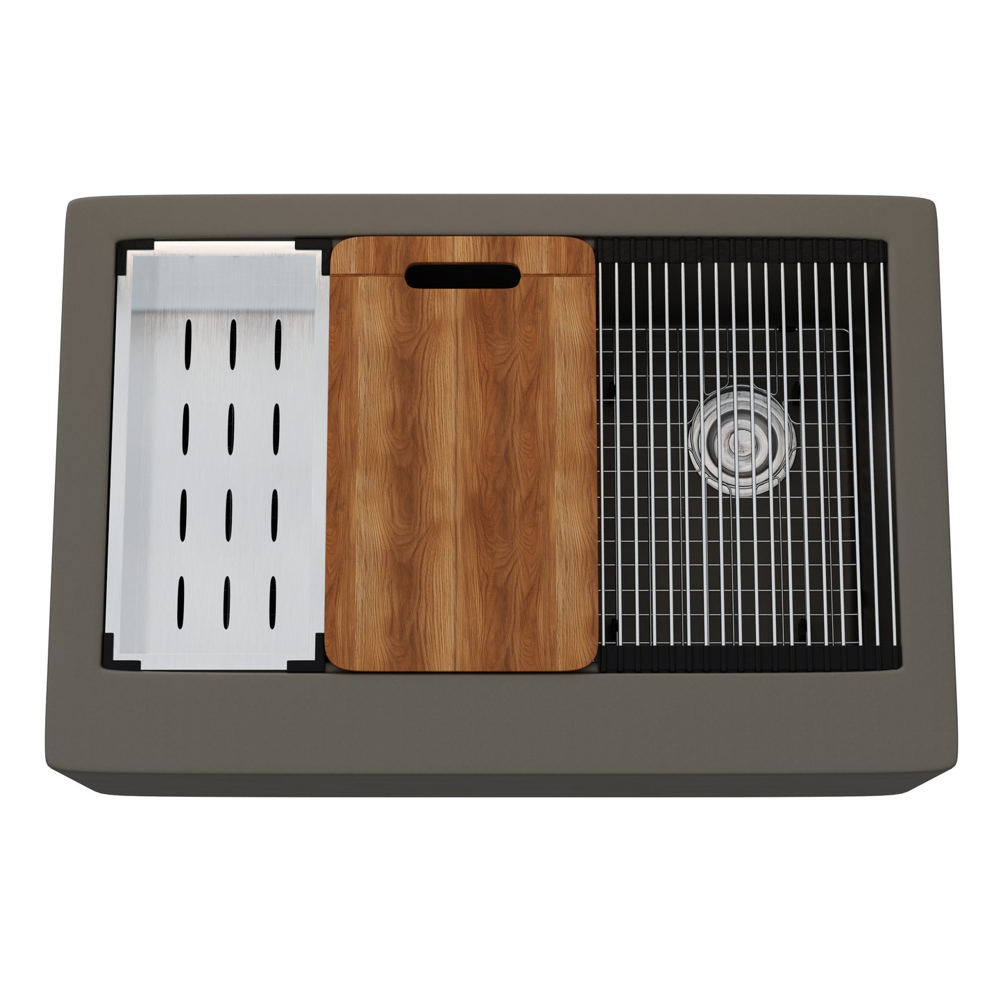StoneCore Single Bowl Farmhouse Kitchen Sink Kit in Granite Ash - NKS-SC33SBFARM-GRASH