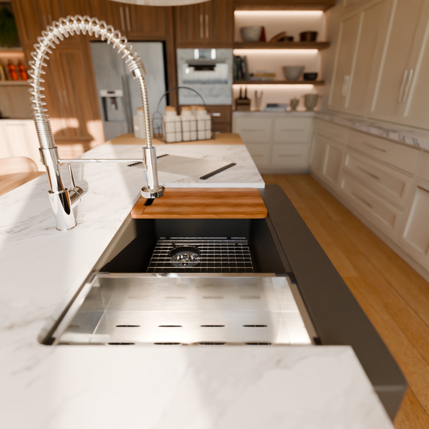 StoneCore Single Bowl Farmhouse Kitchen Sink Kit in Granite Ash - NKS-SC33SBFARM-GRASH
