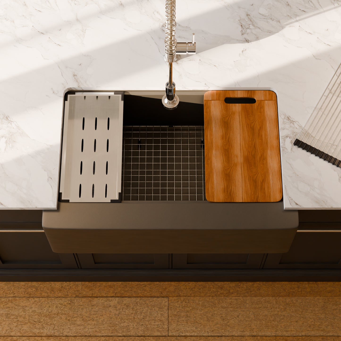 StoneCore Single Bowl Farmhouse Kitchen Sink Kit in Granite Ash - NKS-SC33SBFARM-GRASH