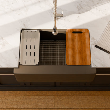 StoneCore Single Bowl Farmhouse Kitchen Sink Kit in Granite Ash - NKS-SC33SBFARM-GRASH