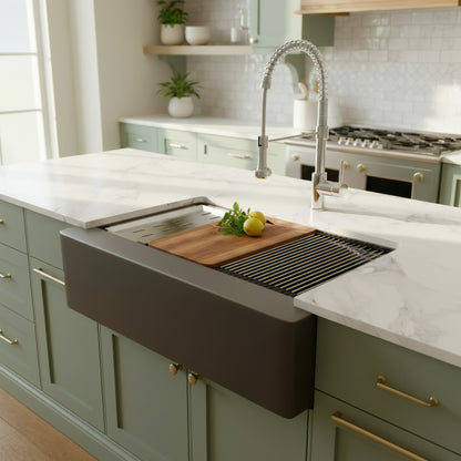 StoneCore Single Bowl Farmhouse Kitchen Sink Kit in Granite Ash - NKS-SC33SBFARM-GRASH