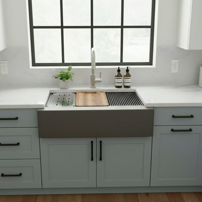 StoneCore Single Bowl Farmhouse Kitchen Sink Kit in Granite Ash - NKS-SC33SBFARM-GRASH