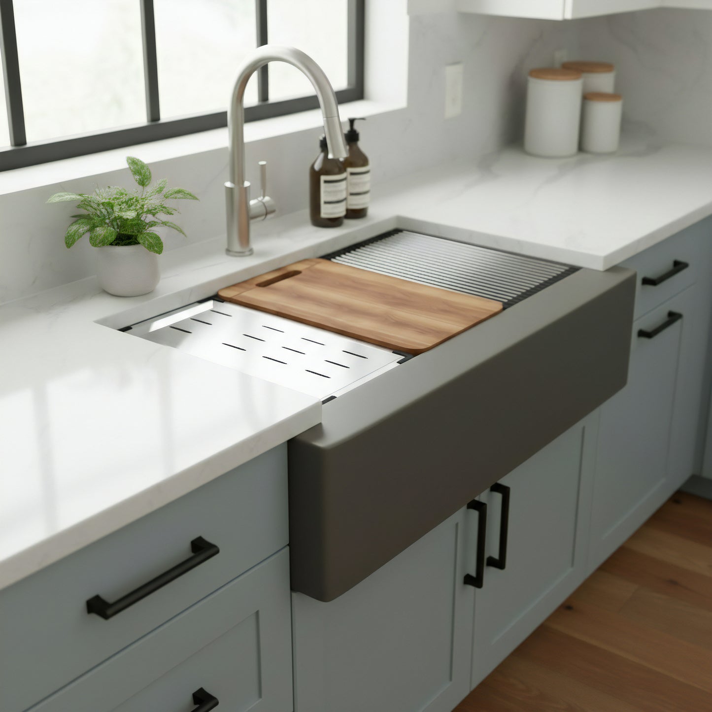 StoneCore Single Bowl Farmhouse Kitchen Sink Kit in Granite Ash - NKS-SC33SBFARM-GRASH