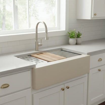 StoneCore Single Bowl Farmhouse Kitchen Sink Kit in Sandstone - NKS-SC33SBFARM-SNDS