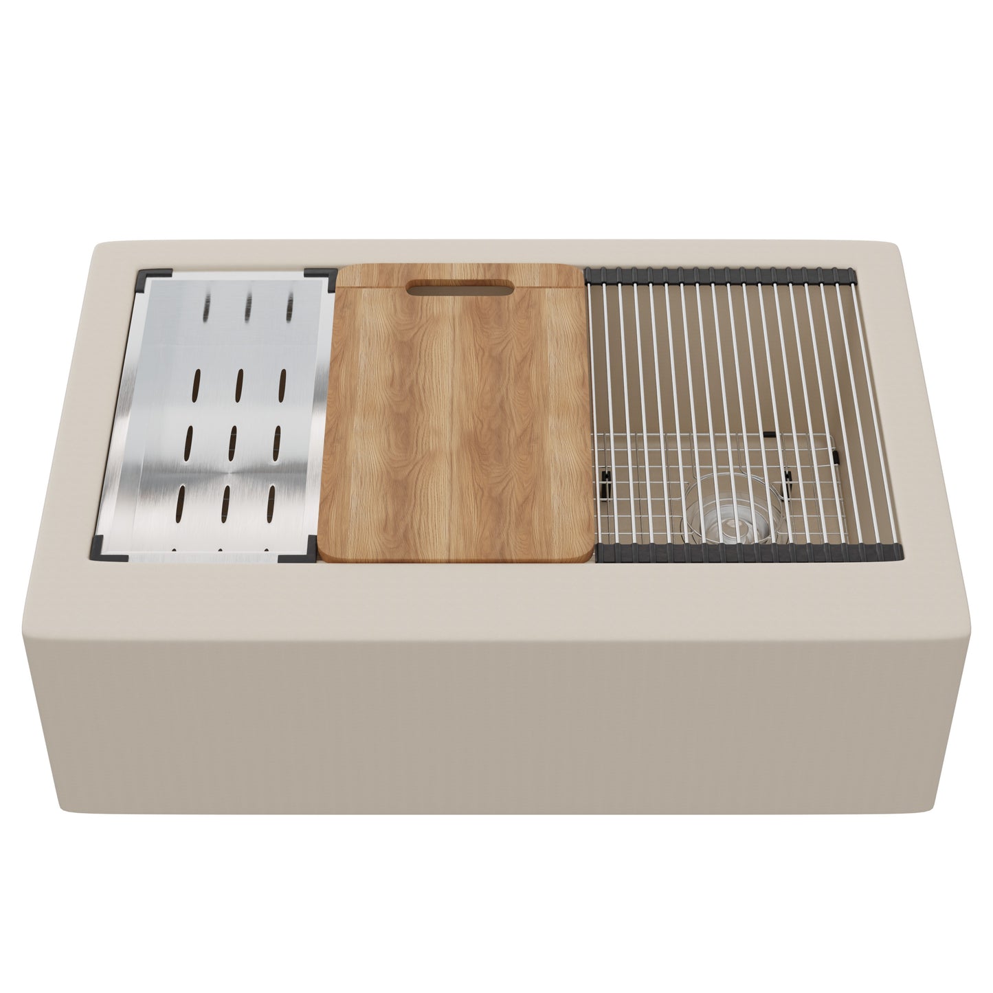 StoneCore Single Bowl Farmhouse Kitchen Sink Kit in Sandstone - NKS-SC33SBFARM-SNDS