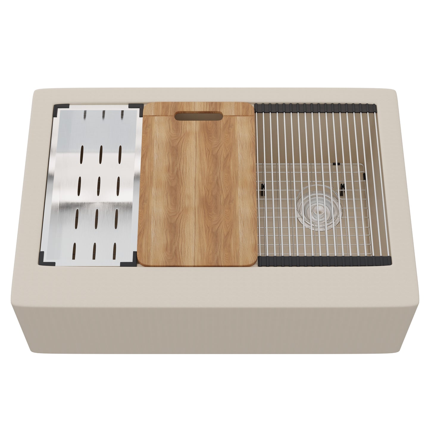 StoneCore Single Bowl Farmhouse Kitchen Sink Kit in Sandstone - NKS-SC33SBFARM-SNDS