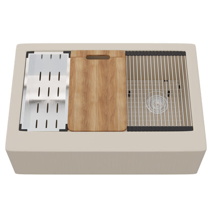 StoneCore Single Bowl Farmhouse Kitchen Sink Kit in Sandstone - NKS-SC33SBFARM-SNDS