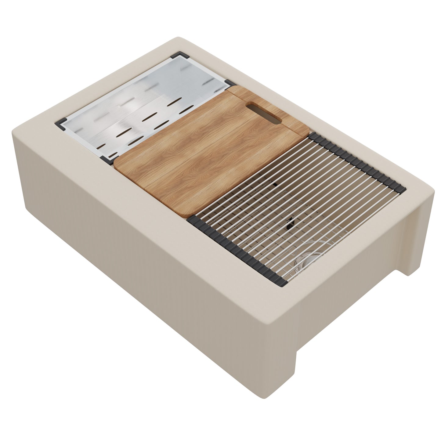 StoneCore Single Bowl Farmhouse Kitchen Sink Kit in Sandstone - NKS-SC33SBFARM-SNDS