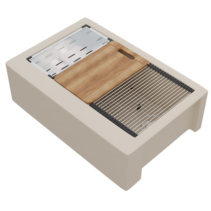 StoneCore Single Bowl Farmhouse Kitchen Sink Kit in Sandstone - NKS-SC33SBFARM-SNDS