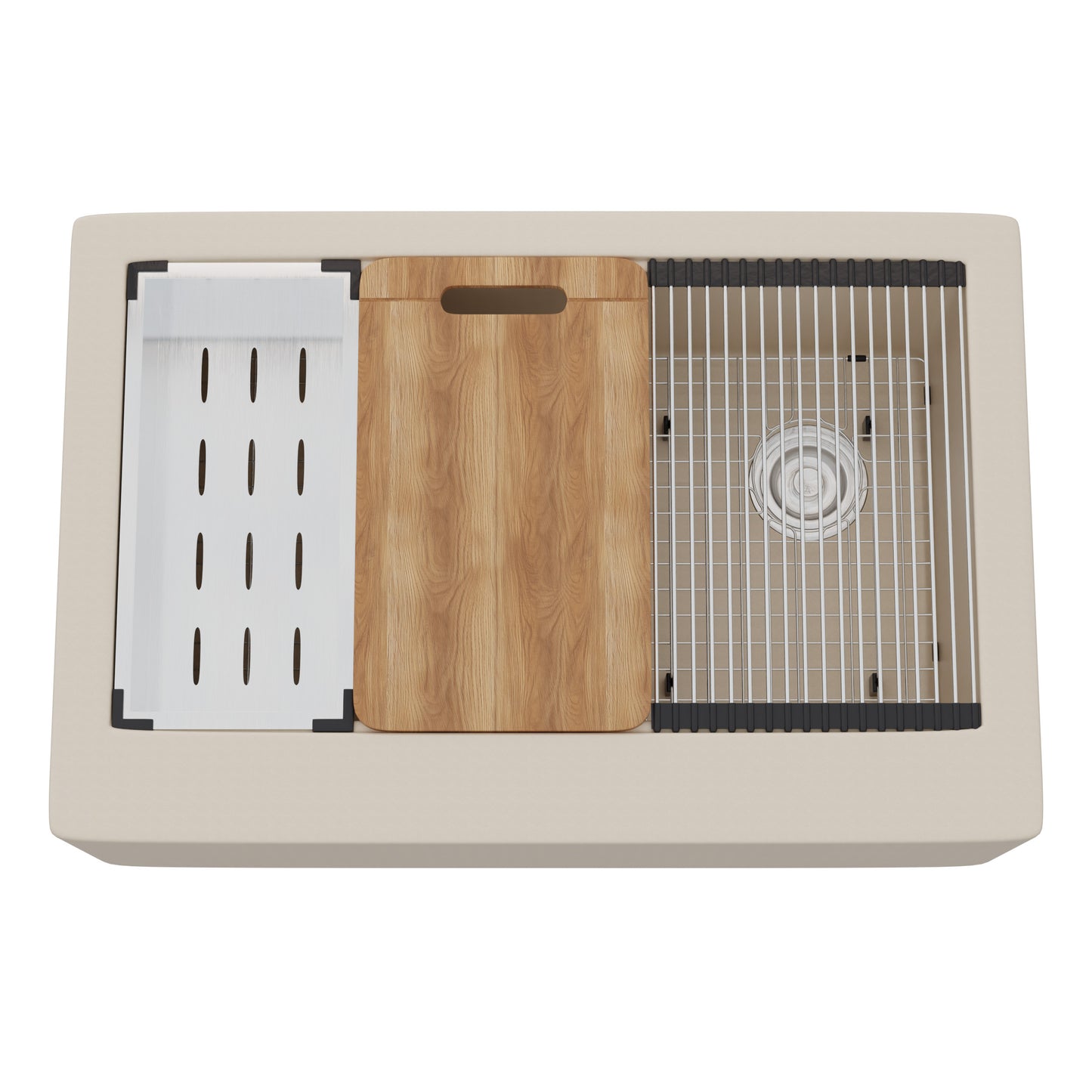 StoneCore Single Bowl Farmhouse Kitchen Sink Kit in Sandstone - NKS-SC33SBFARM-SNDS