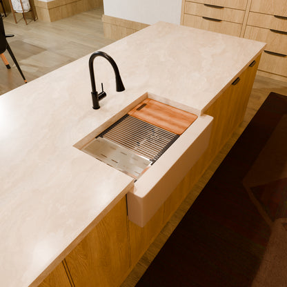 StoneCore Single Bowl Farmhouse Kitchen Sink Kit in Sandstone - NKS-SC33SBFARM-SNDS
