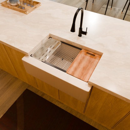 StoneCore Single Bowl Farmhouse Kitchen Sink Kit in Sandstone - NKS-SC33SBFARM-SNDS