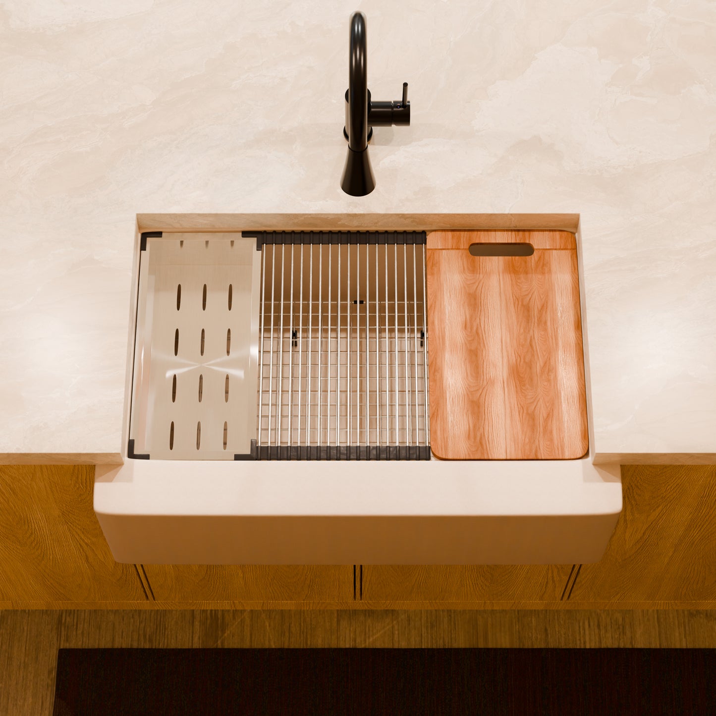 StoneCore Single Bowl Farmhouse Kitchen Sink Kit in Sandstone - NKS-SC33SBFARM-SNDS