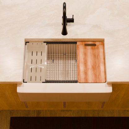 StoneCore Single Bowl Farmhouse Kitchen Sink Kit in Sandstone - NKS-SC33SBFARM-SNDS