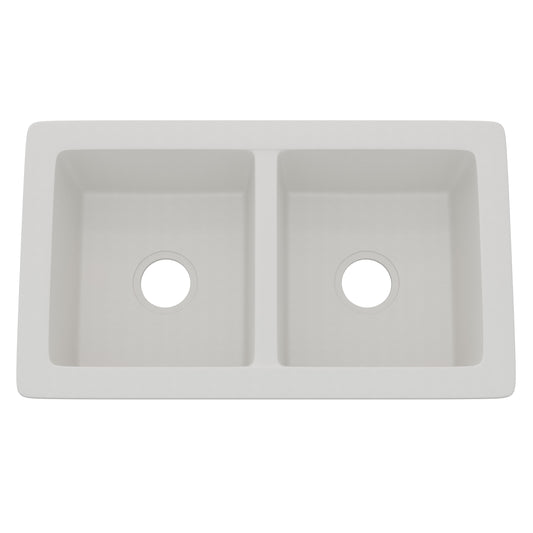Novatto StoneCore 50/50 double bowl kitchen sink in Alpine White, showing the sleek design and two spacious basins.