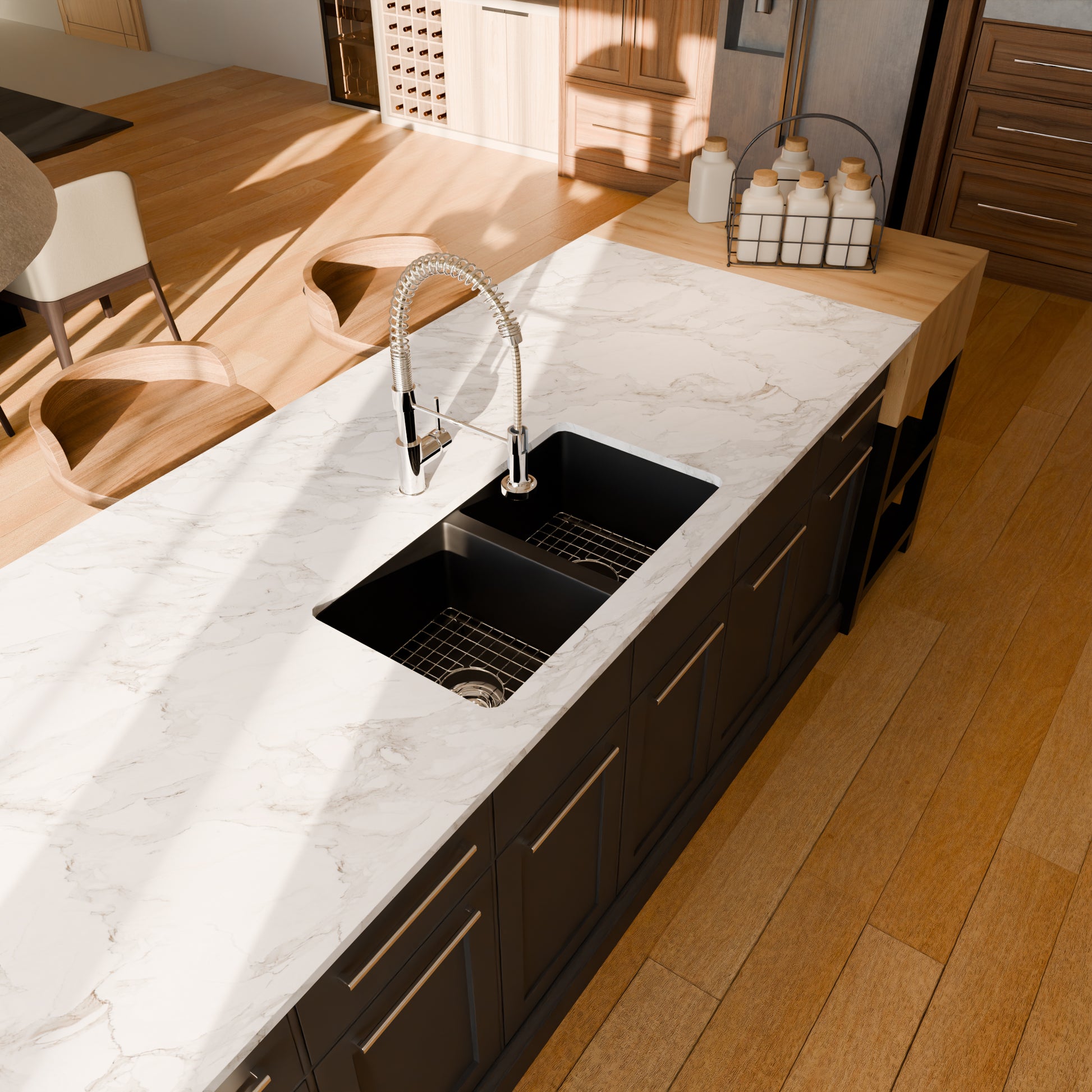 Black StoneCore double bowl kitchen sink by Novatto with sleek design, shown with included faucet and accessories.