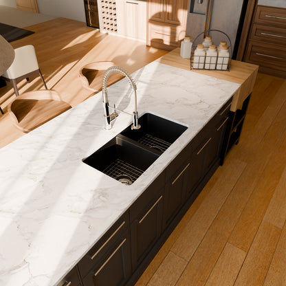 Black StoneCore double bowl kitchen sink by Novatto with sleek design, shown with included faucet and accessories.