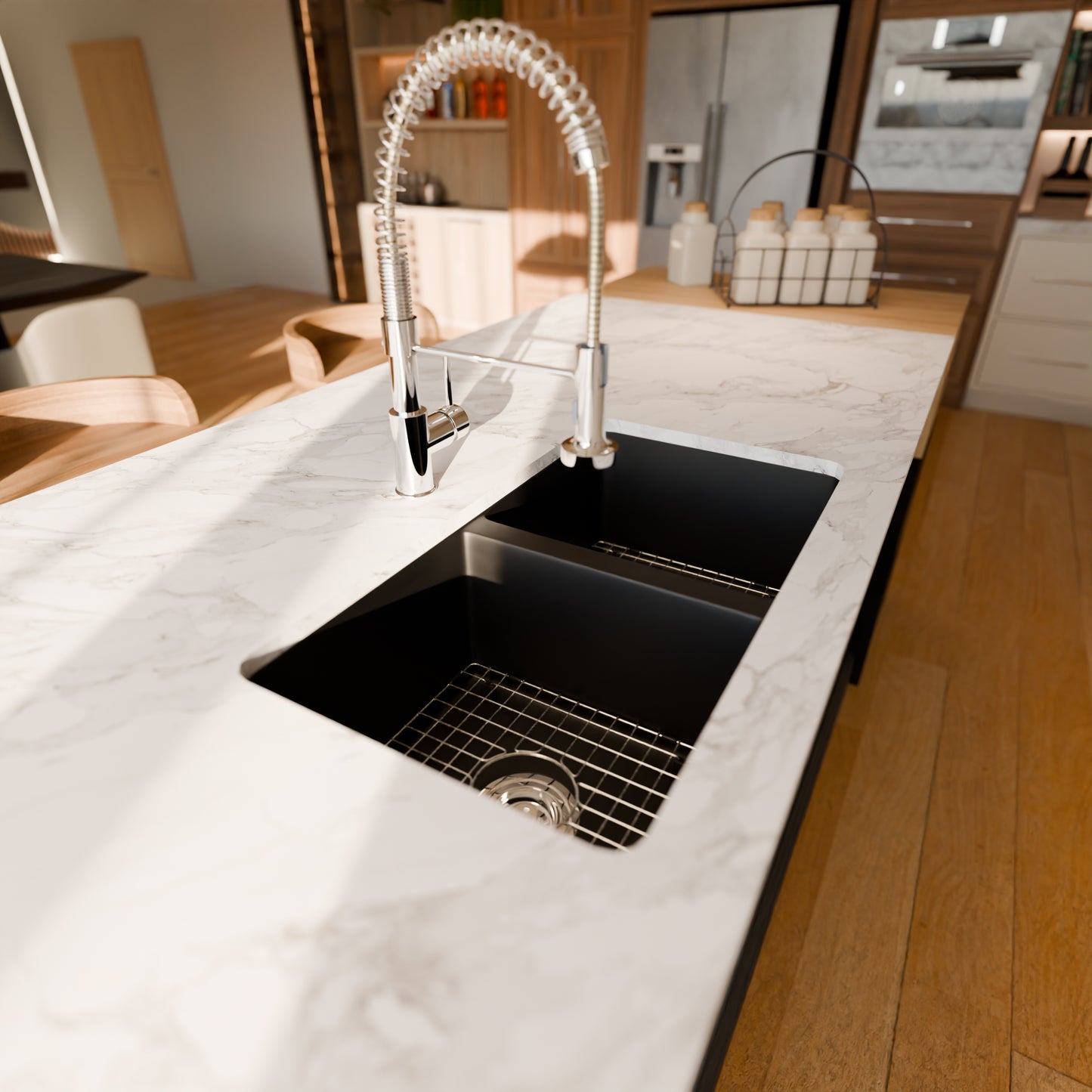 Novatto StoneCore 50/50 double bowl black kitchen sink with stainless steel faucets and accessories.
