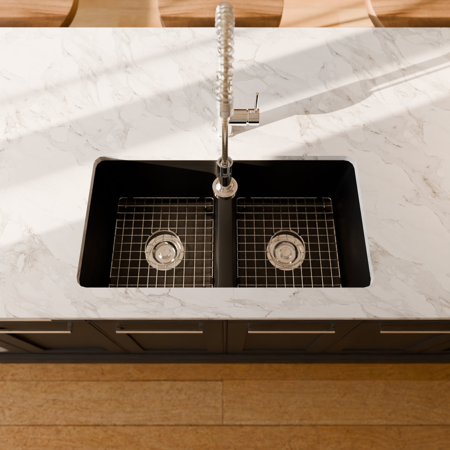 Black StoneCore double bowl kitchen sink by Novatto, showing two basins and modern design with attached faucet and accessories.