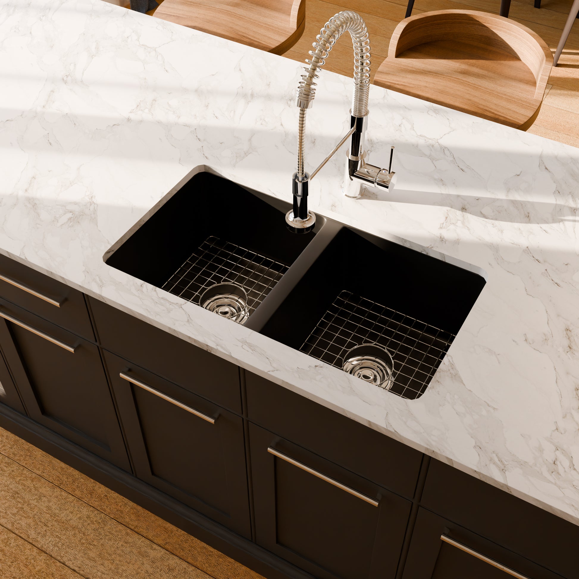 Black StoneCore double bowl kitchen sink by Novatto with sleek design, featuring two basins and modern finish.