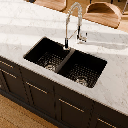 Black StoneCore double bowl kitchen sink by Novatto with sleek design, featuring two basins and modern finish.