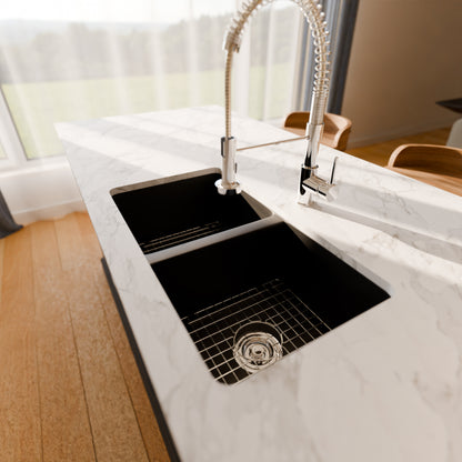 Black StoneCore double bowl kitchen sink by Novatto, featuring a sleek, durable design with two spacious basins.