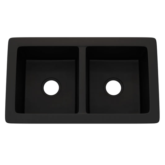 Black StoneCore double bowl kitchen sink by Novatto with two spacious basins and a sleek modern design.