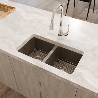 Novatto StoneCore 50/50 double bowl granite kitchen sink in Ash color with durable stone construction and sleek design.