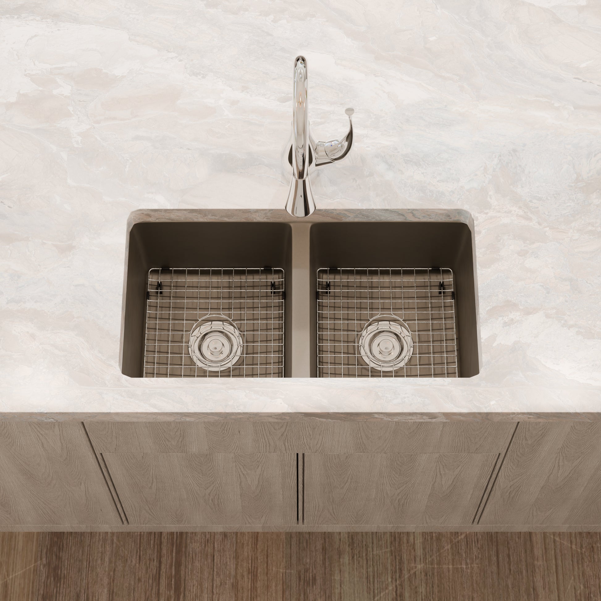 Novatto StoneCore double bowl granite kitchen sink in Ash color with stainless steel fixtures and a beauty set included.